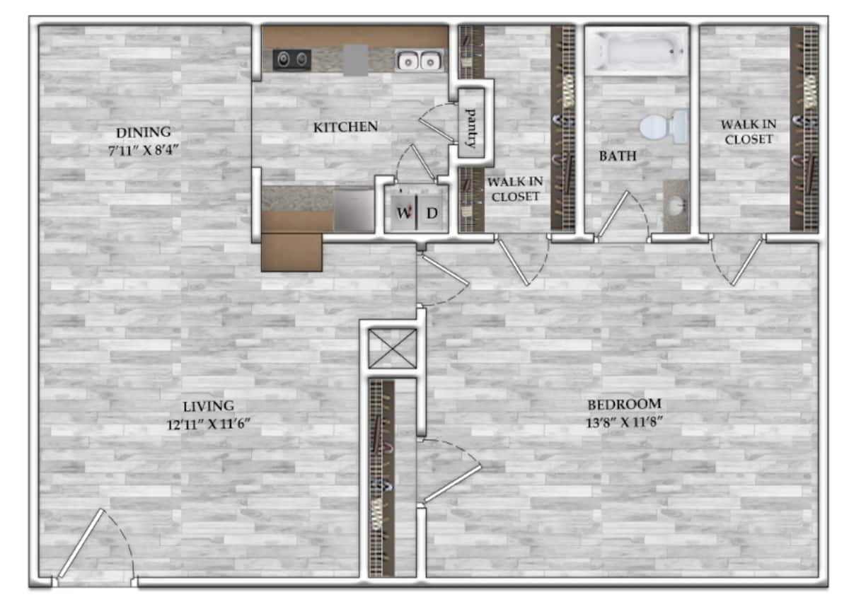 Floorplan diagram for 1x1 664 SF, showing 1 bedroom