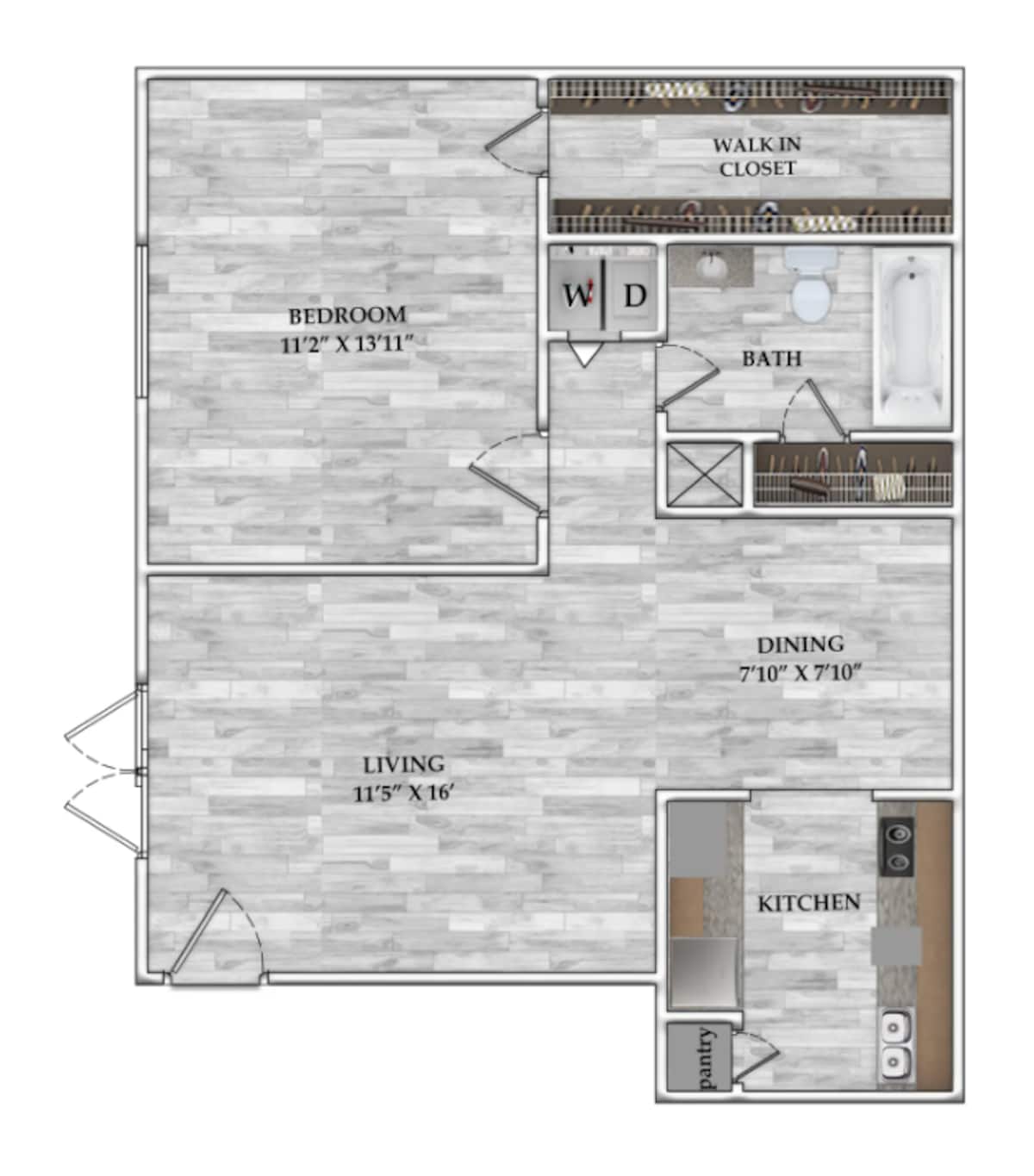 Floorplan diagram for 1x1 643 SF, showing 1 bedroom