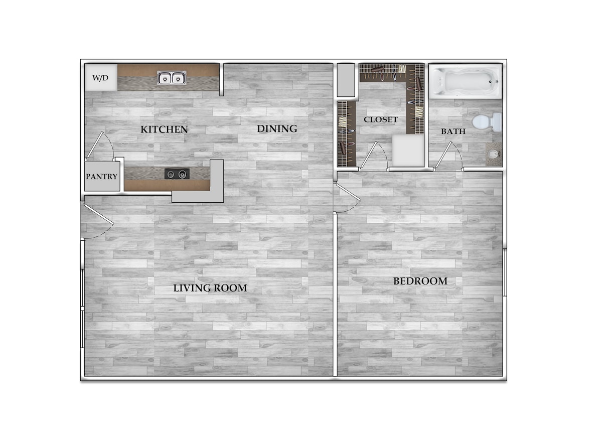 Floorplan diagram for 1x1 666 SF, showing 1 bedroom