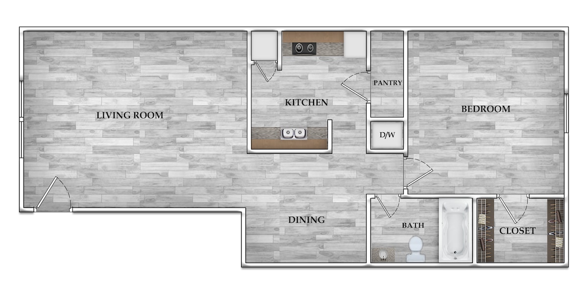 Floorplan diagram for 1x1 712 SF, showing 1 bedroom