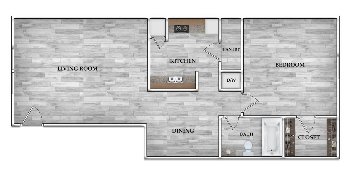 Floorplan diagram for 1x1 712 SF, showing 1 bedroom