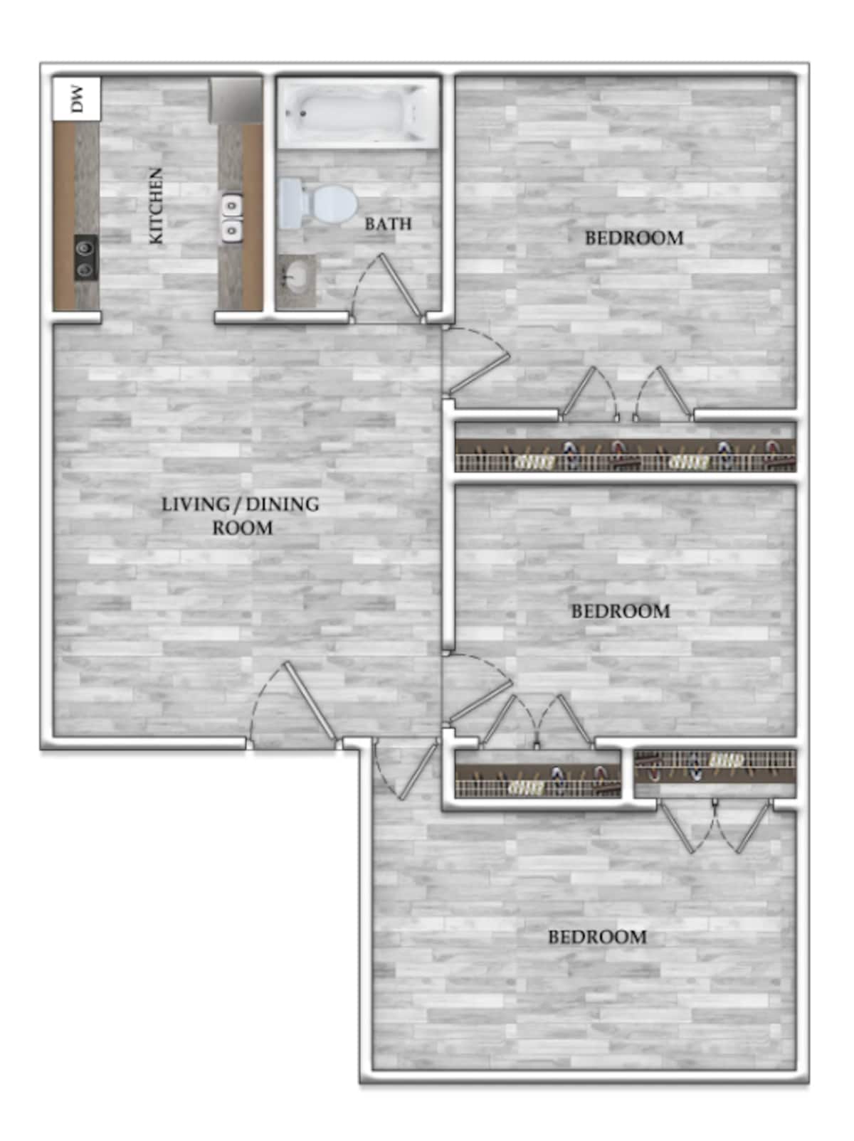 Floorplan diagram for 3x1 677 SF, showing 3 bedroom