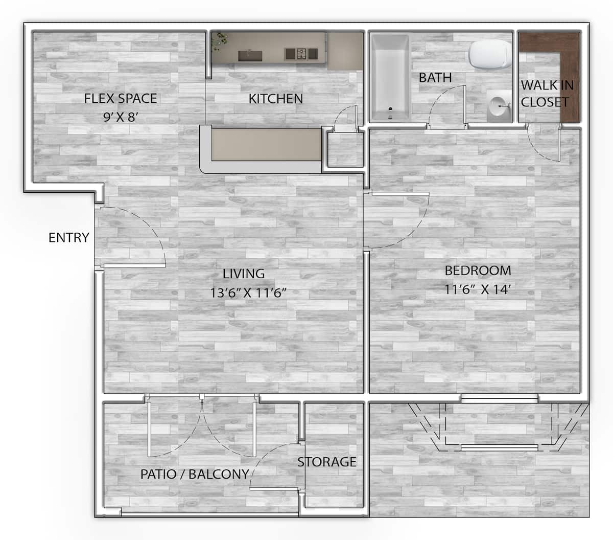 Floorplan diagram for 1x1 577 SF, showing 1 bedroom