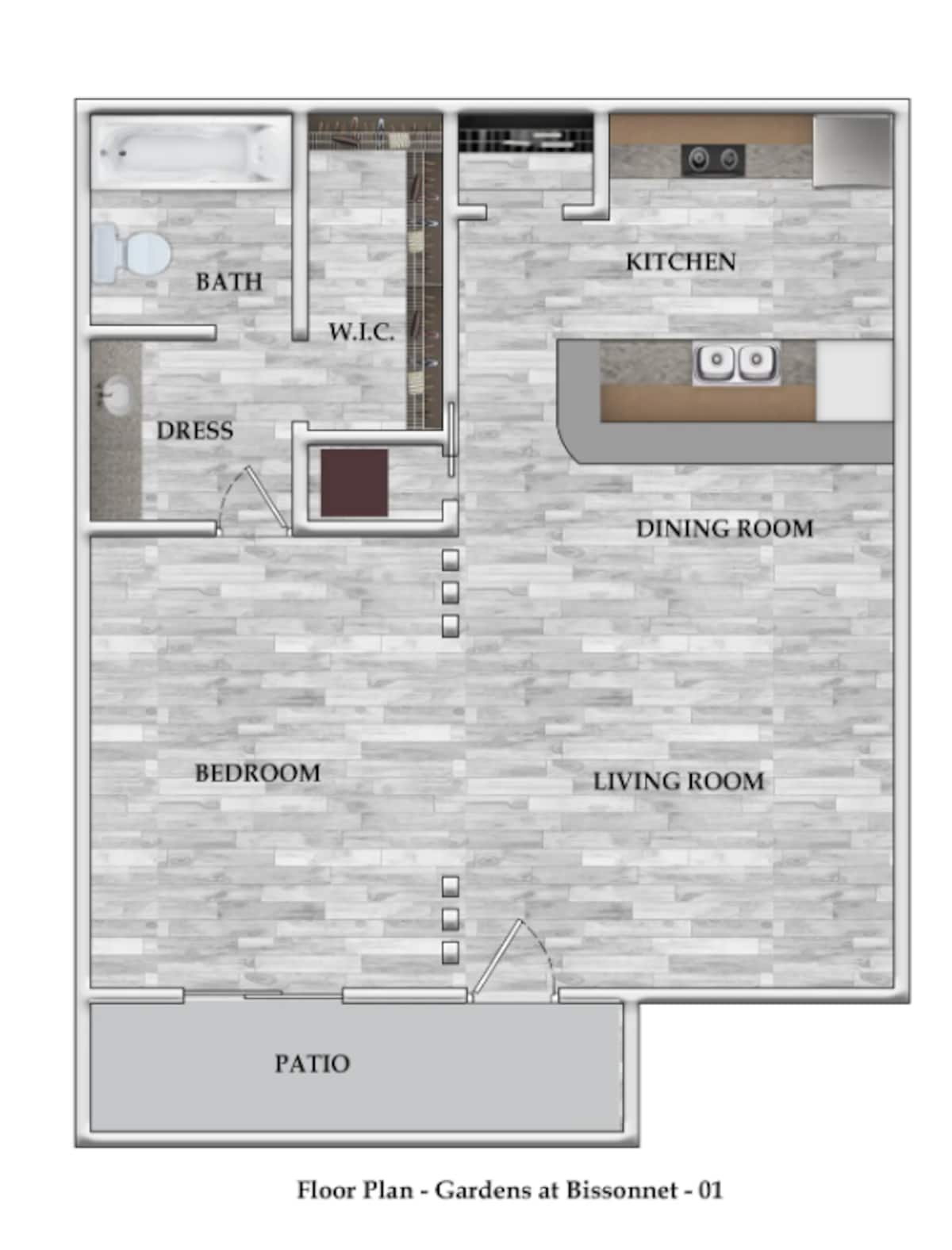 Floorplan diagram for 1x1 546 SF, showing 1 bedroom