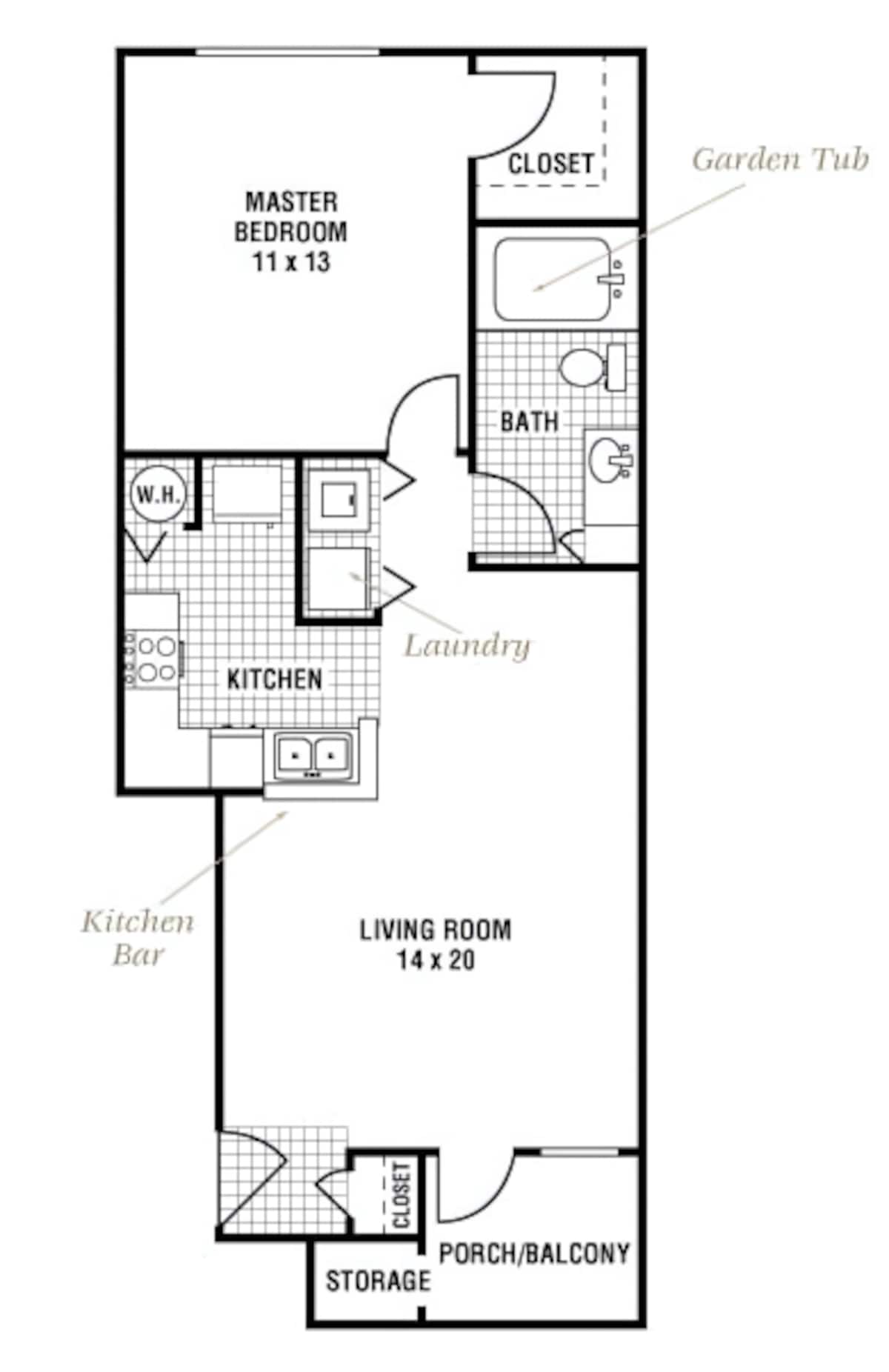 Floorplan diagram for Pine Valley, showing 1 bedroom