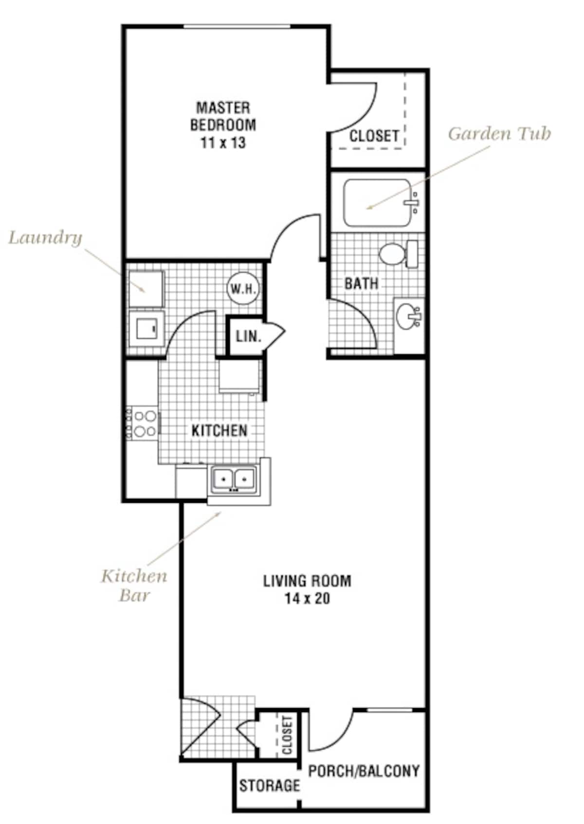 Floorplan diagram for Pebble Beach, showing 1 bedroom