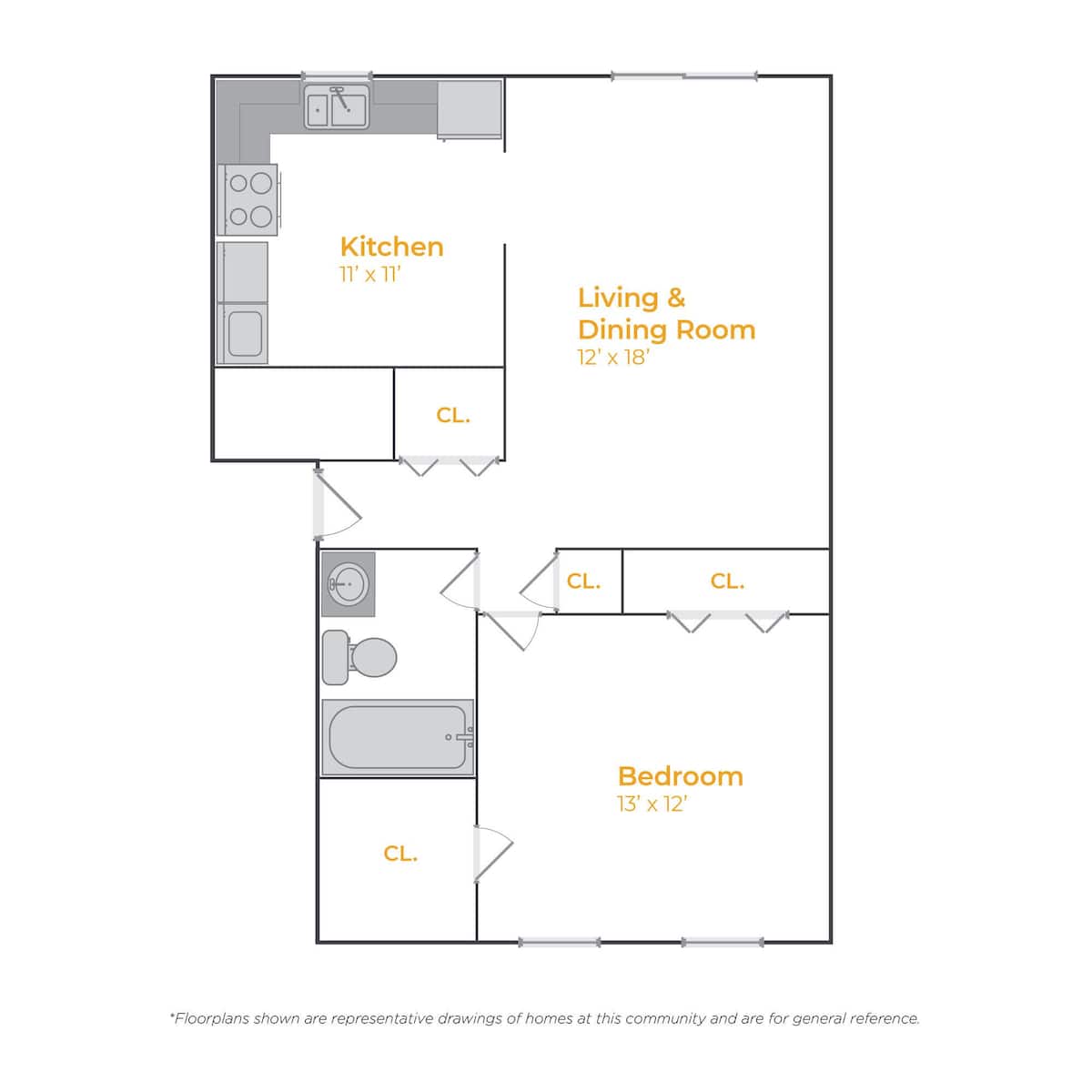 Floorplan diagram for Cincinnati 110, showing 1 bedroom