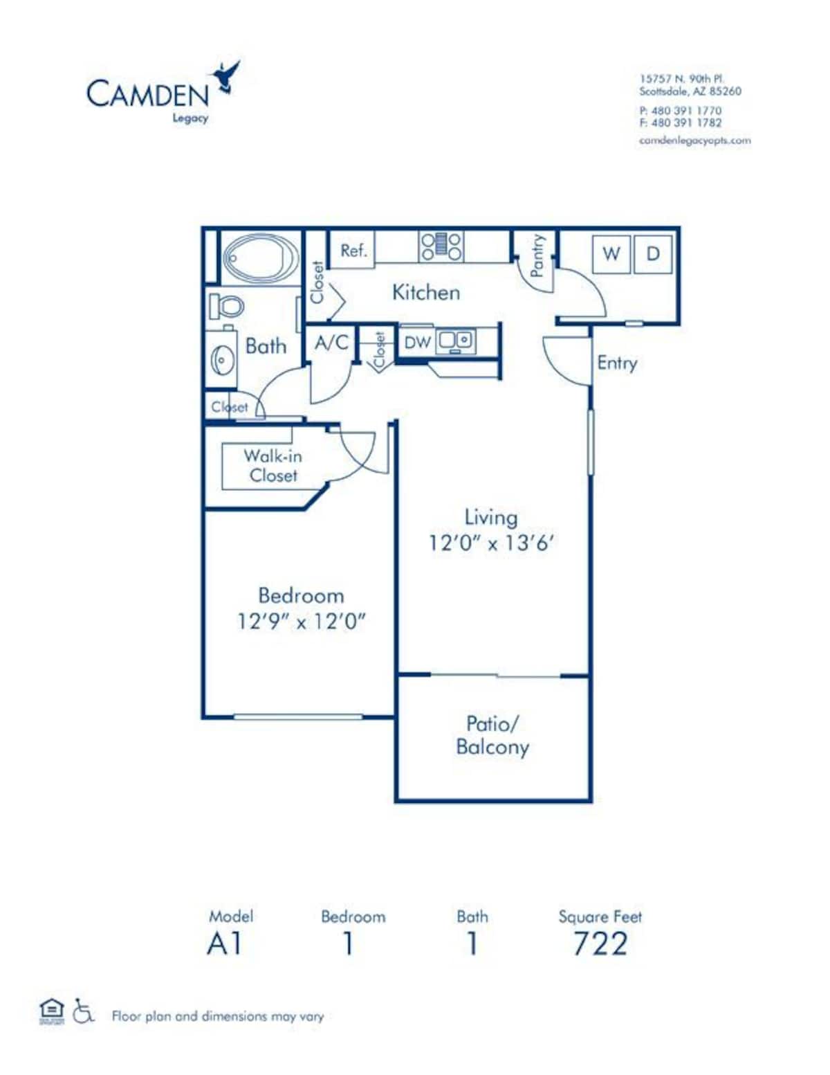 Floorplan diagram for A1, showing 1 bedroom