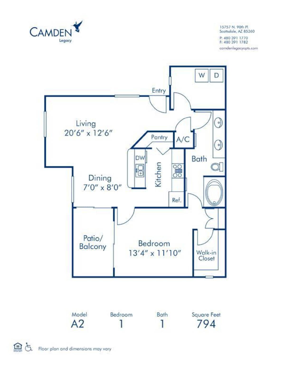 Floorplan diagram for A2, showing 1 bedroom