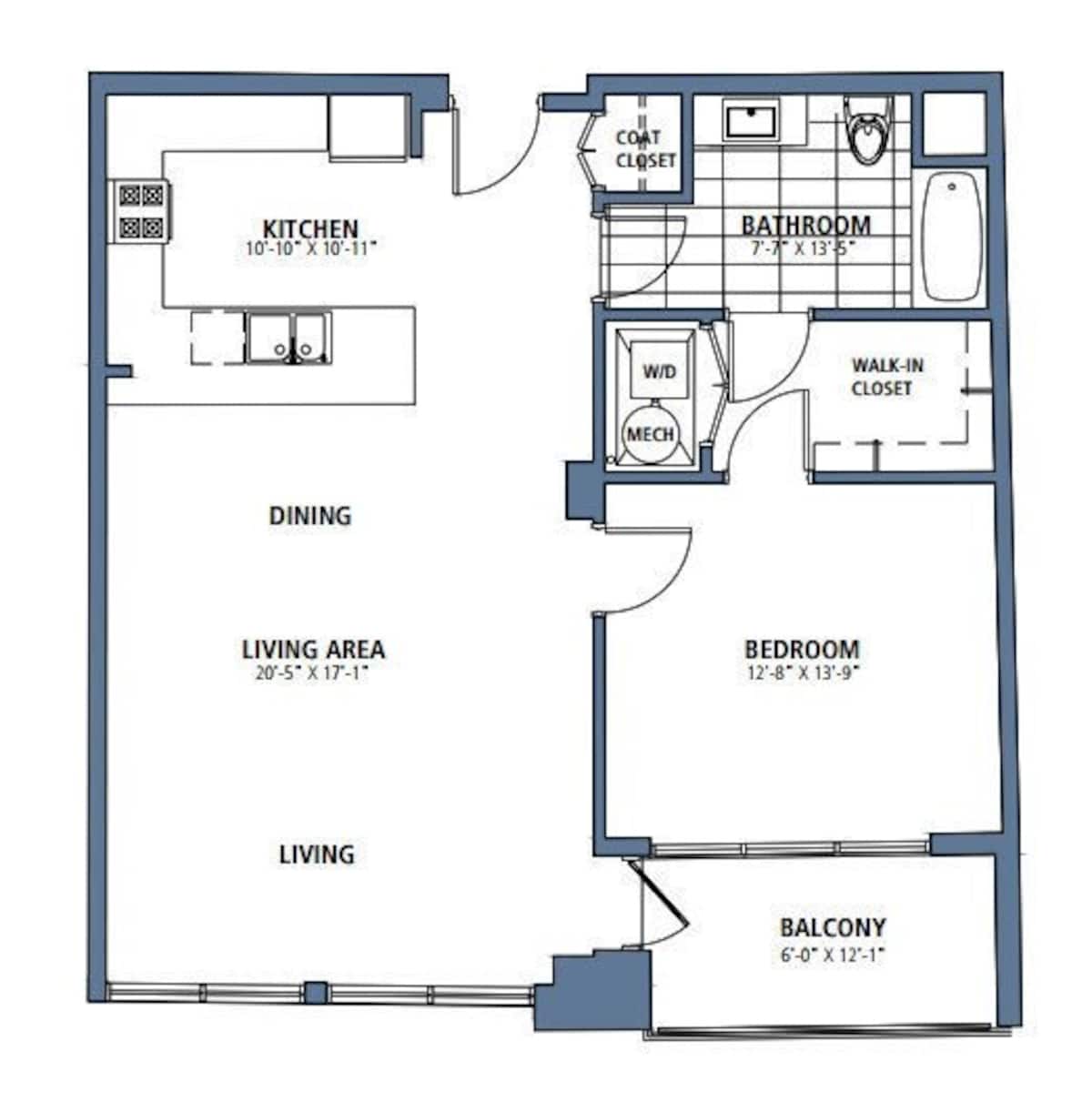 Floorplan diagram for A13, showing 1 bedroom