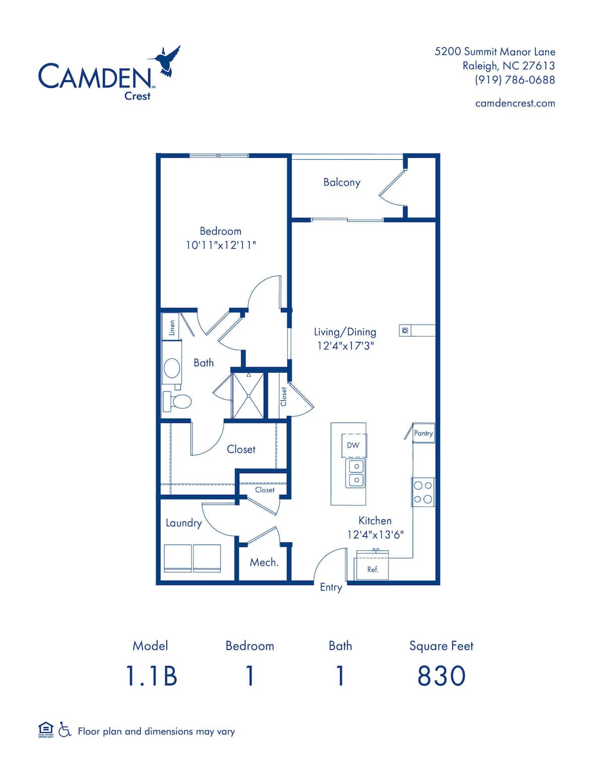 Floorplan diagram for 1.1B, showing 1 bedroom