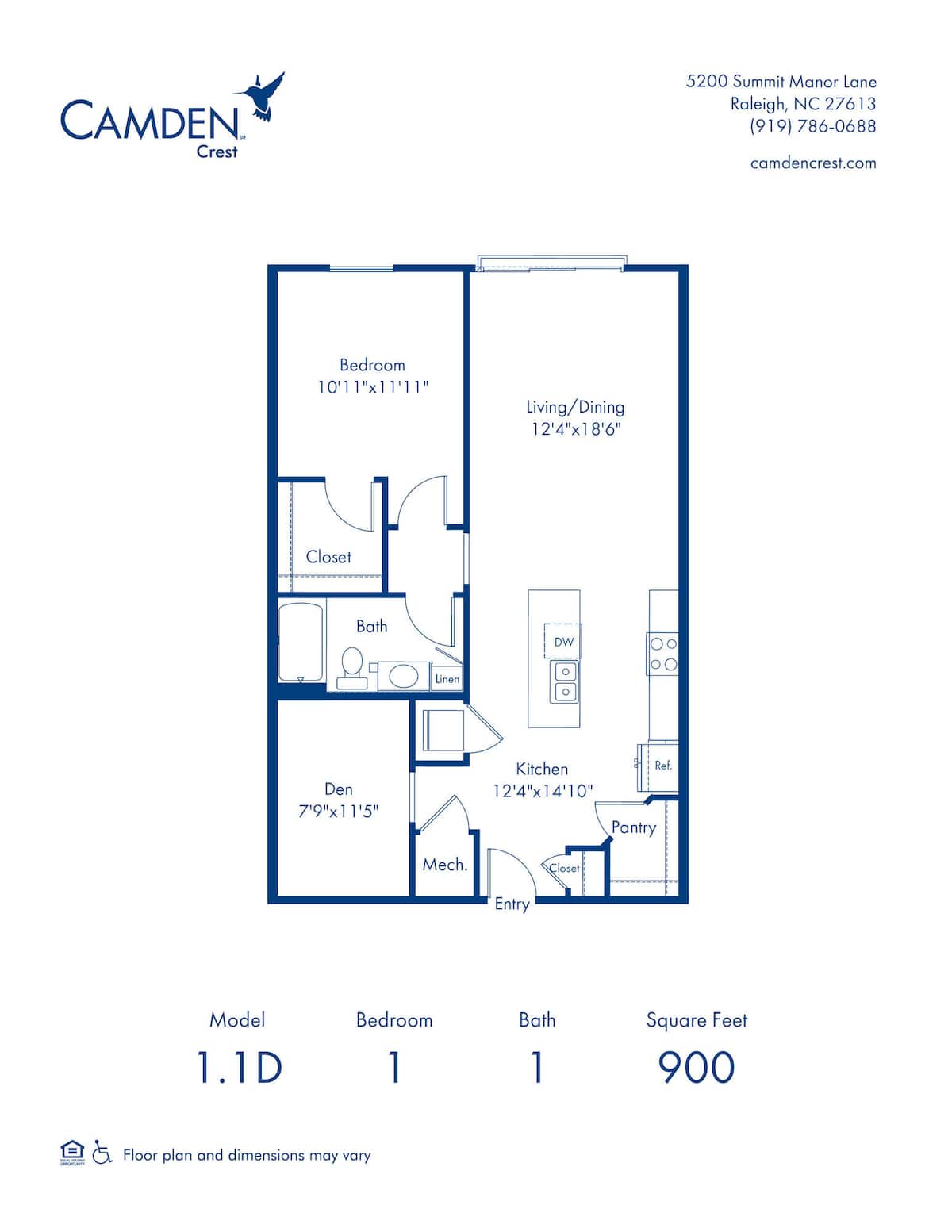 Floorplan diagram for 1.1D, showing 1 bedroom