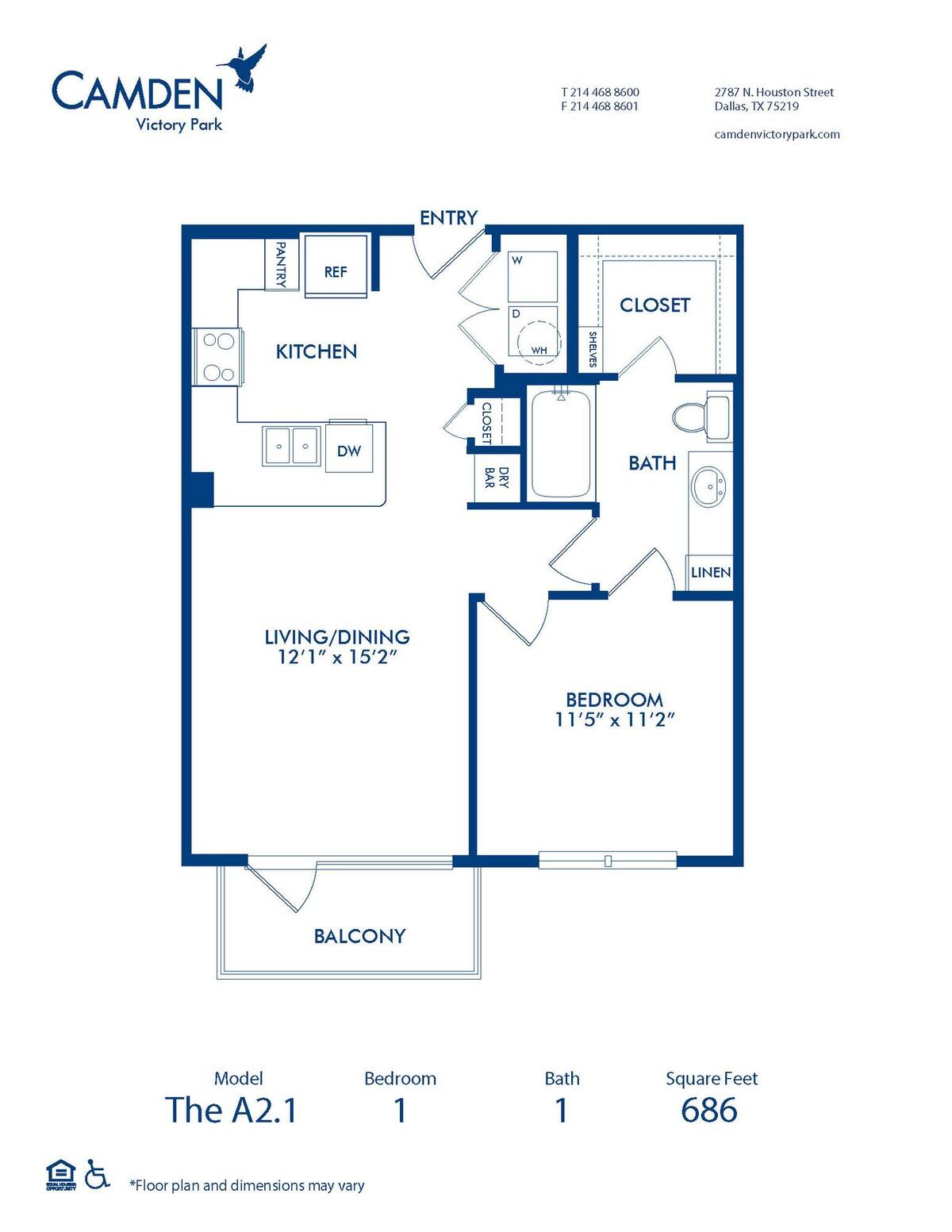 Floorplan diagram for A2.1, showing 1 bedroom