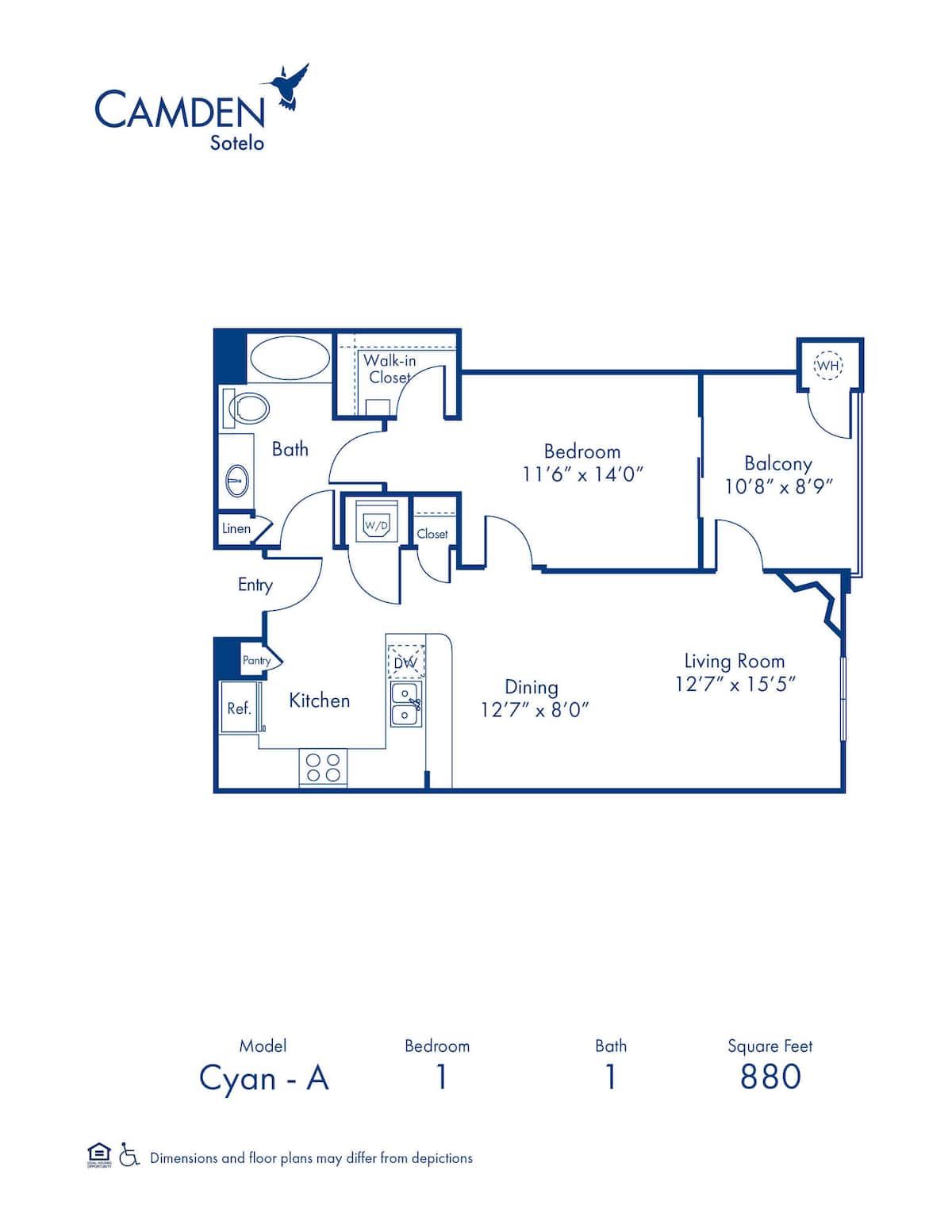 Floorplan diagram for Cyan-A, showing 1 bedroom