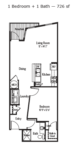 Floorplan diagram for Beltline D, showing 1 bedroom