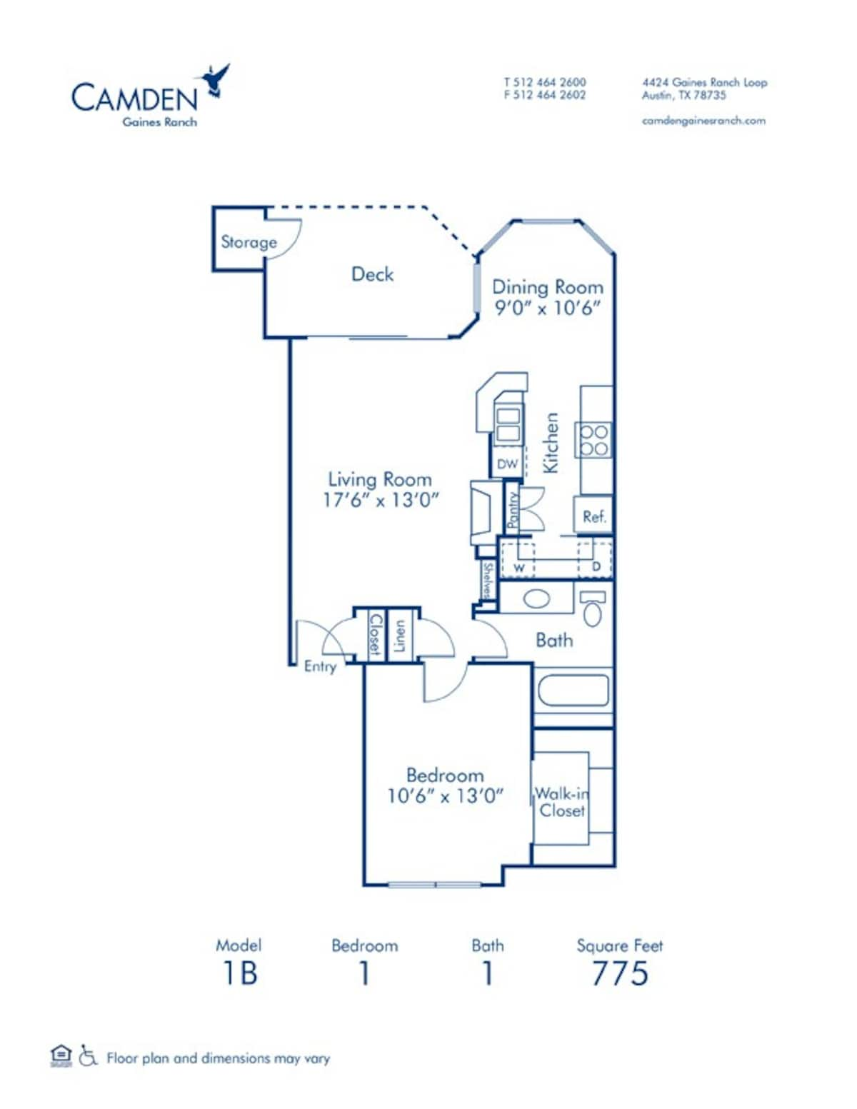 Floorplan diagram for 1B, showing 1 bedroom