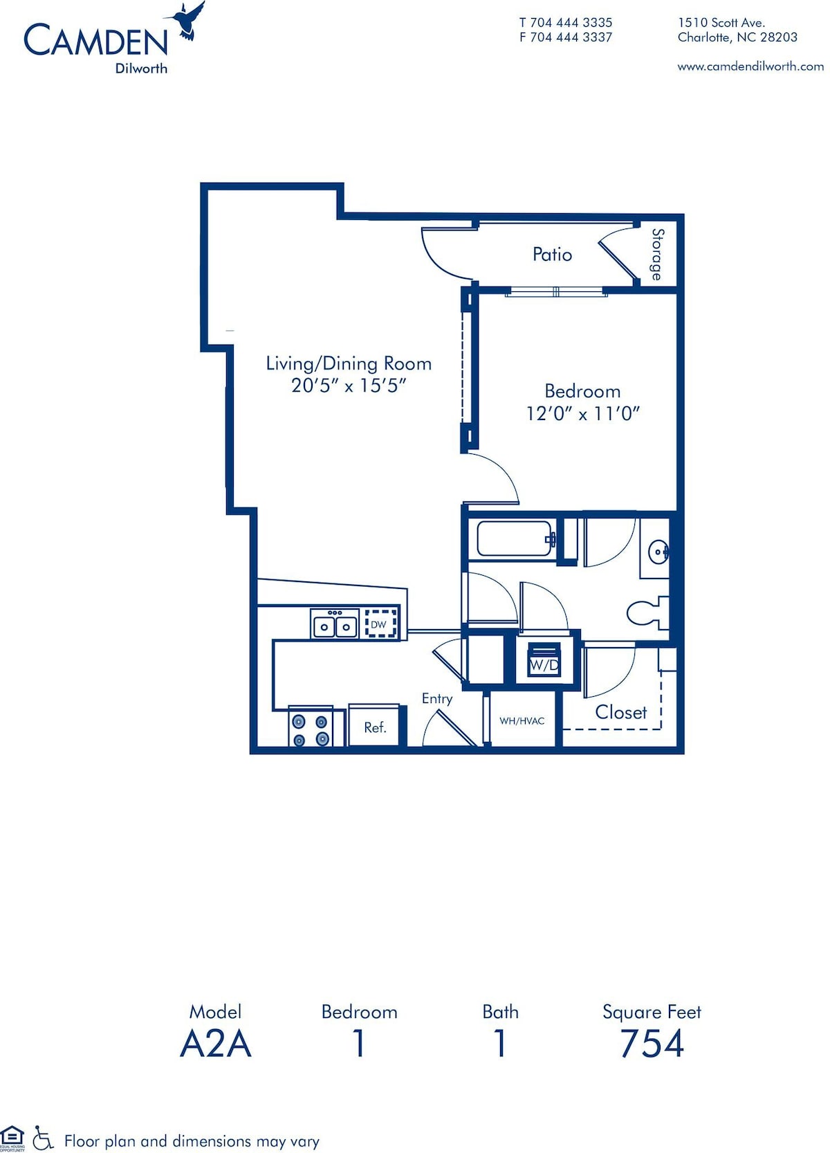 Diagram denah lantai untuk A2A, yang menunjukkan 1 kamar tidur