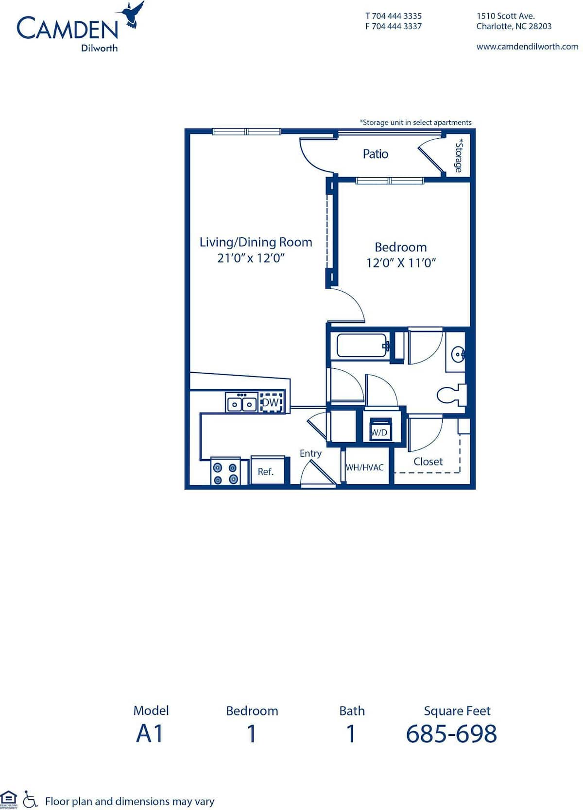Floorplan diagram for A1, showing 1 bedroom