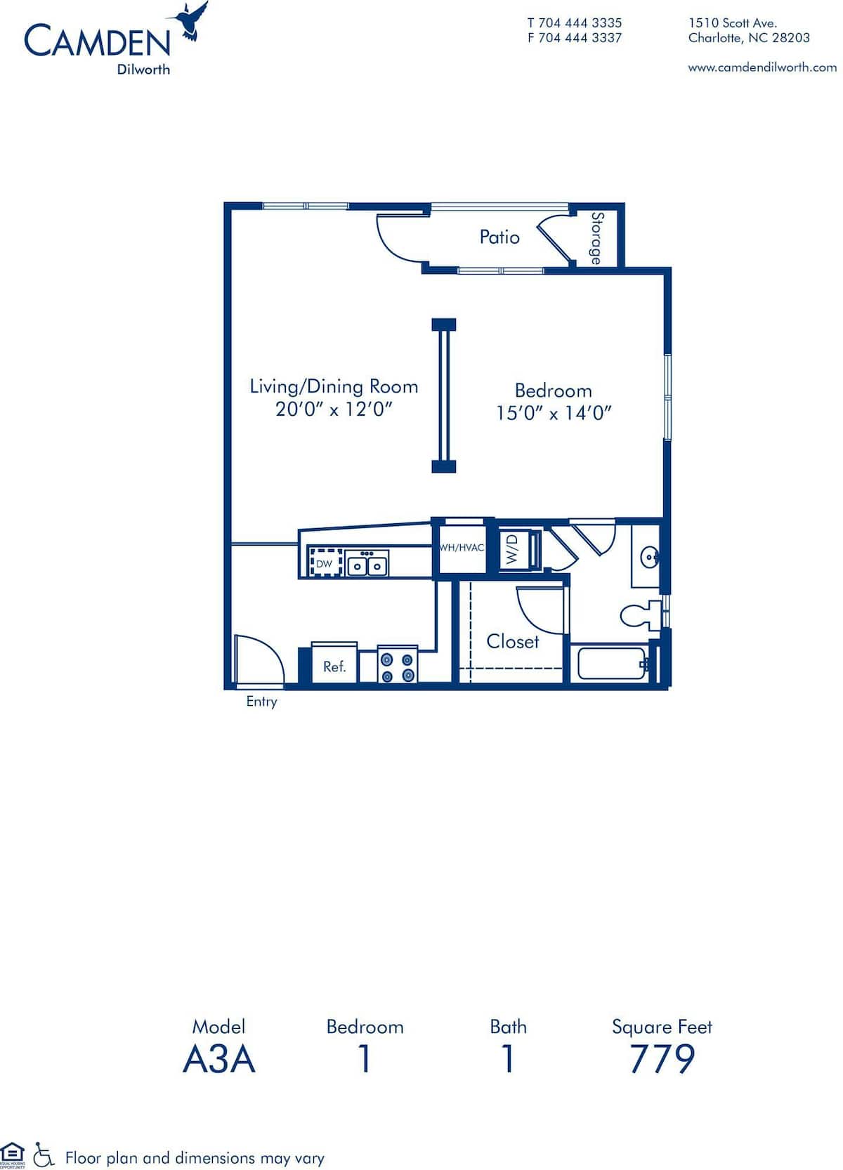 Floorplan diagram for A3A, showing 1 bedroom