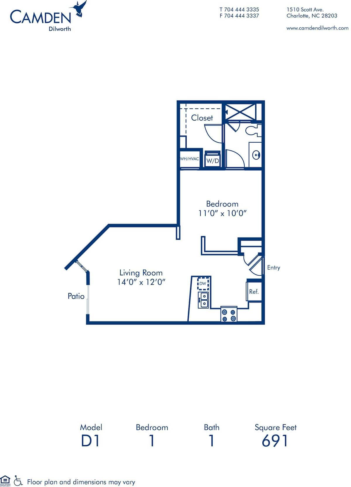 Floorplan diagram for D1, showing 1 bedroom