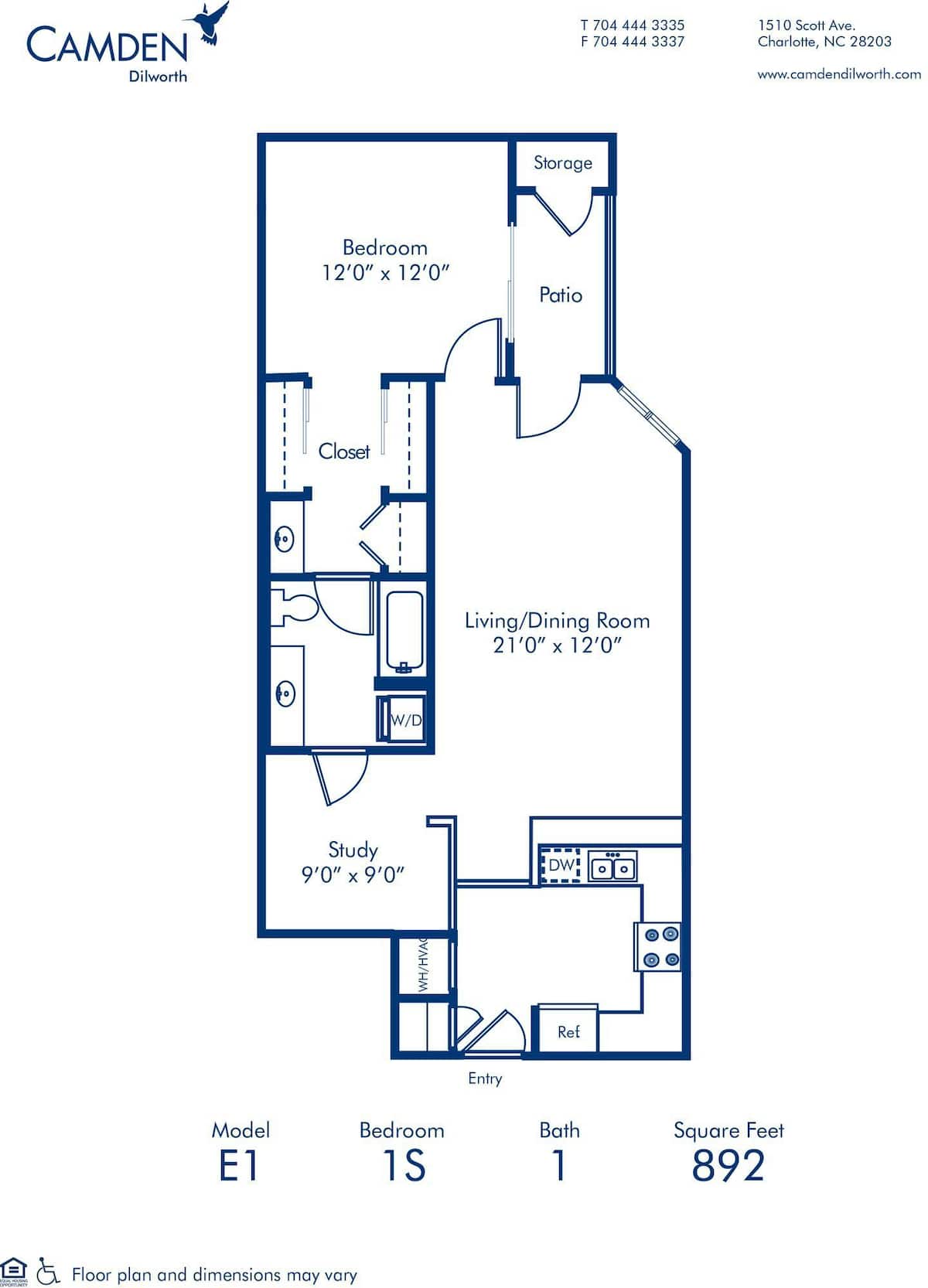 Floorplan diagram for E1, showing 1 bedroom