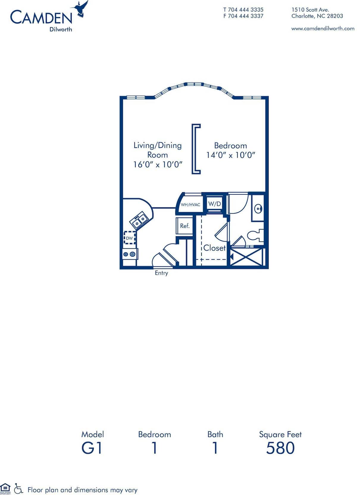 Floorplan diagram for G1, showing 1 bedroom