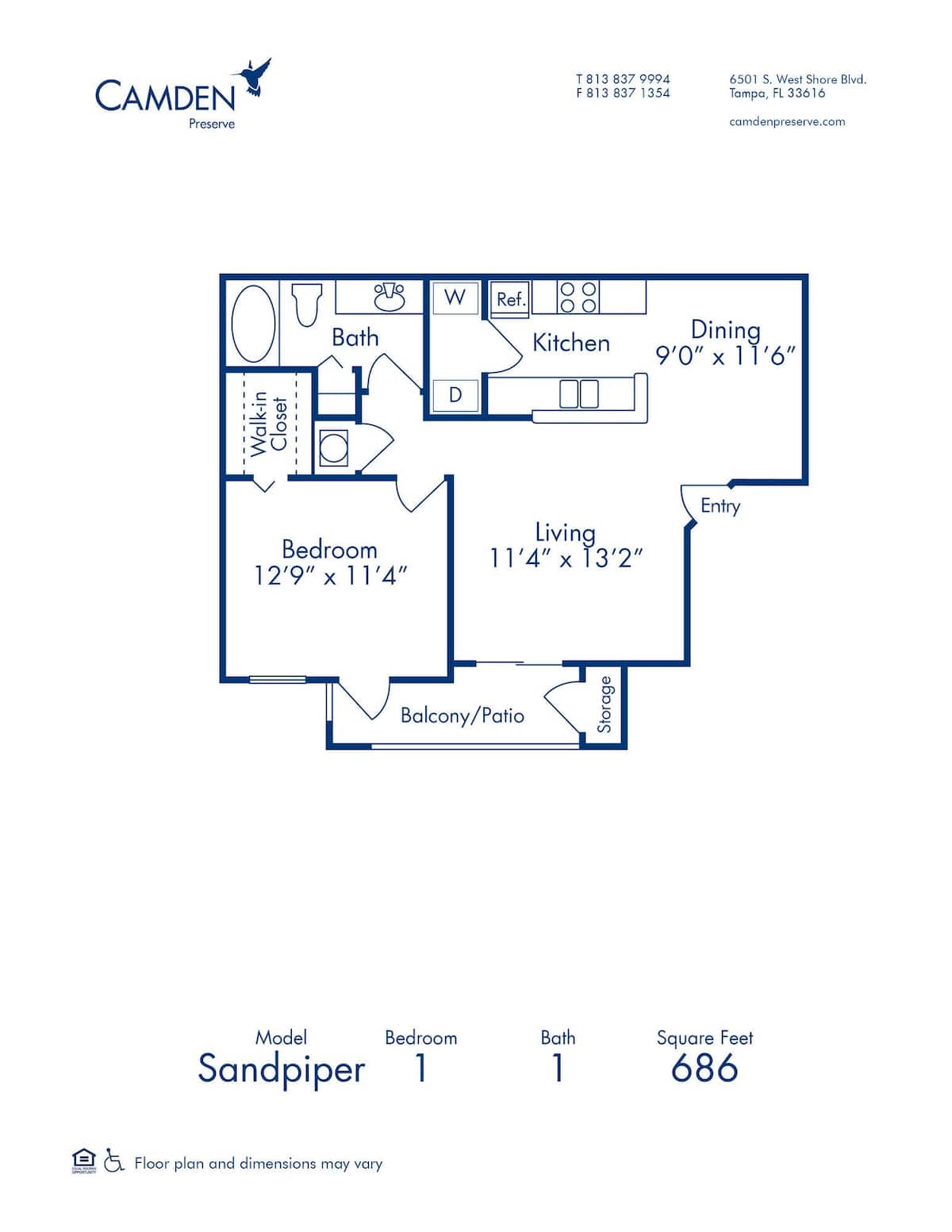 Floorplan diagram for Sandpiper, showing 1 bedroom