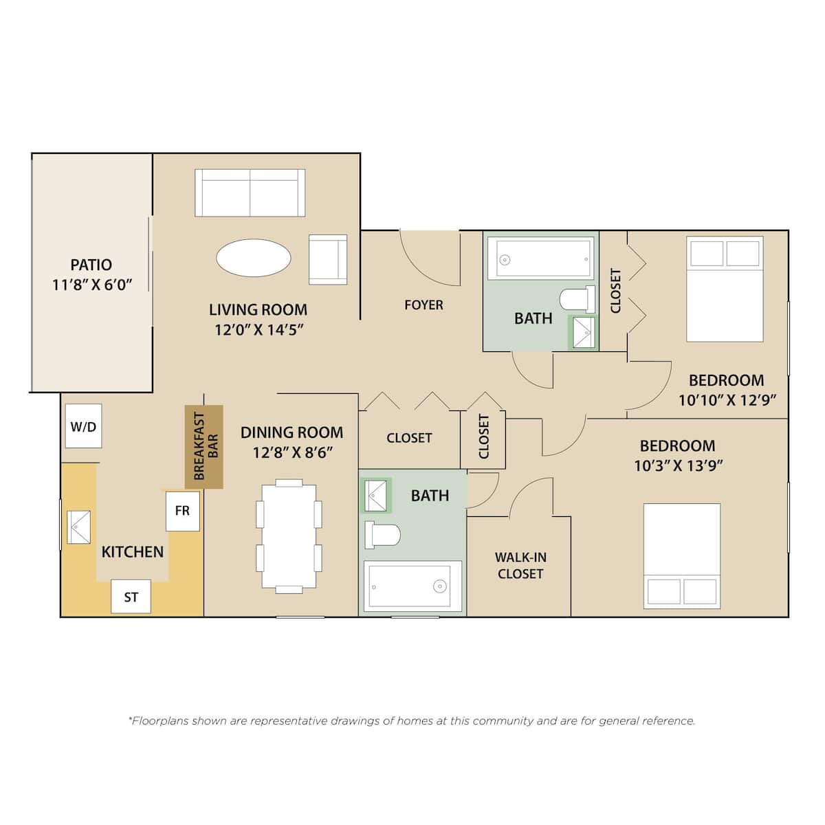 Floorplan diagram for 2 Bedroom / 2 Bath - R, showing 2 bedroom