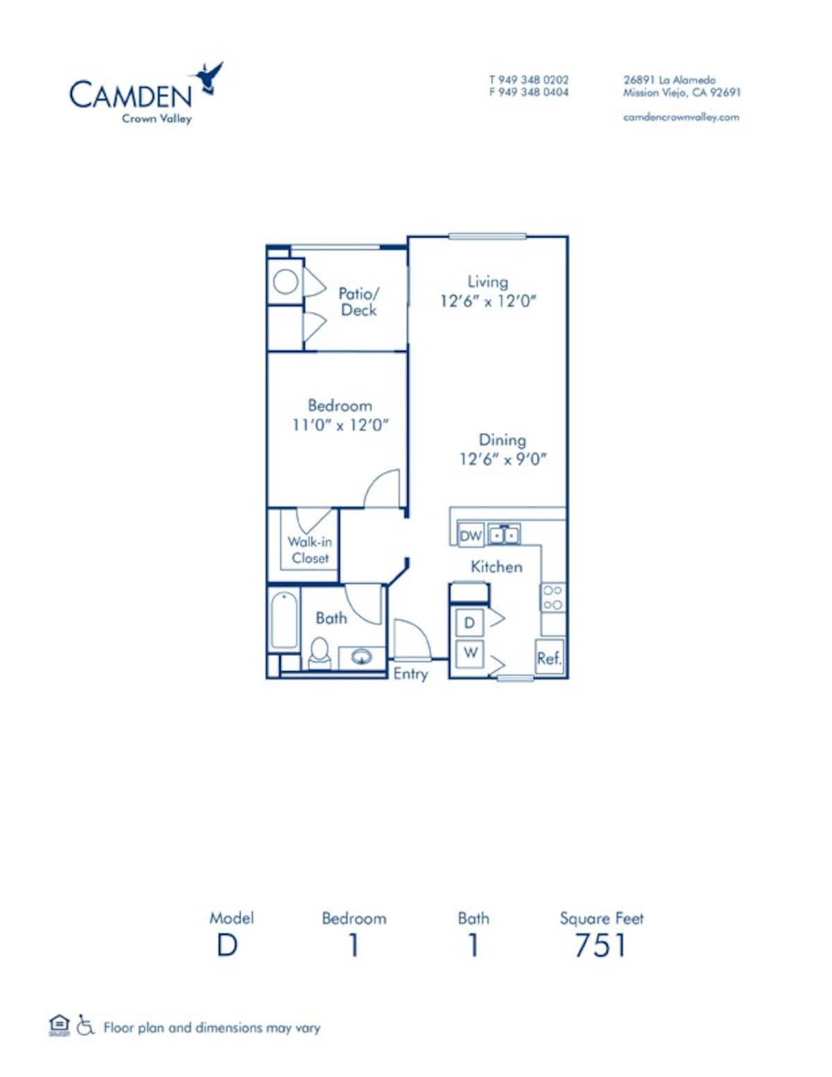 Floorplan diagram for D, showing 1 bedroom