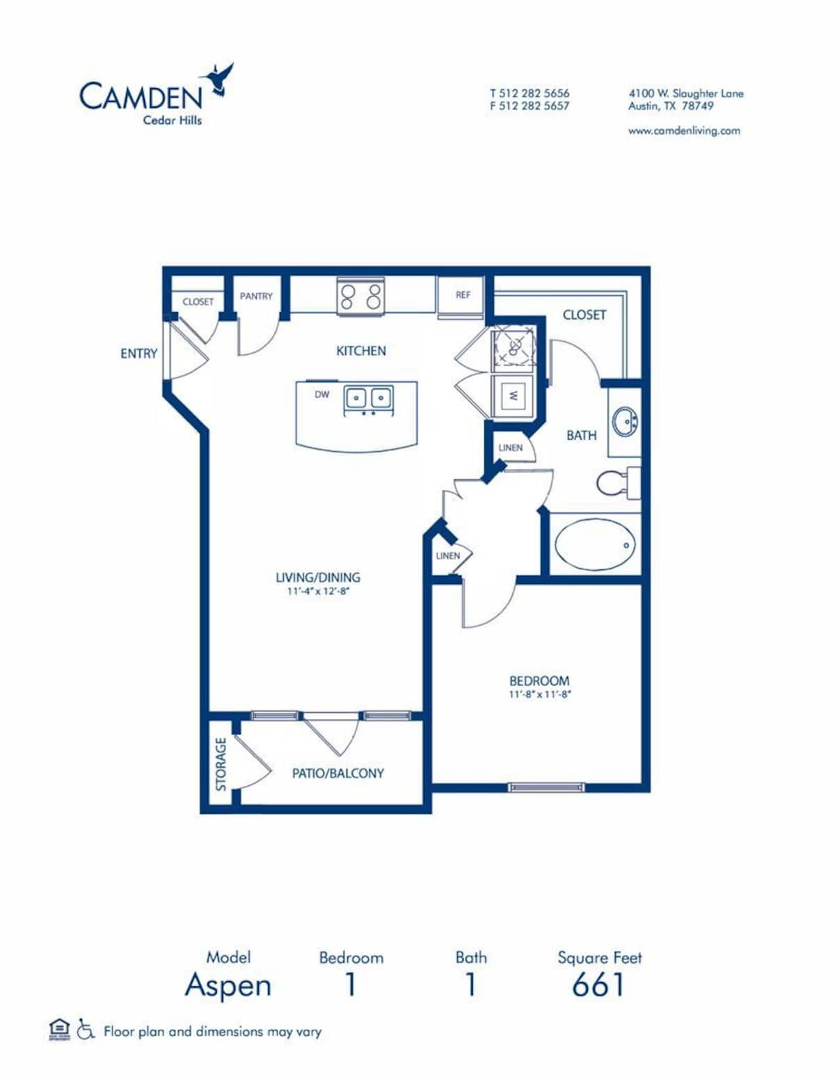 Floorplan diagram for Aspen, showing 1 bedroom