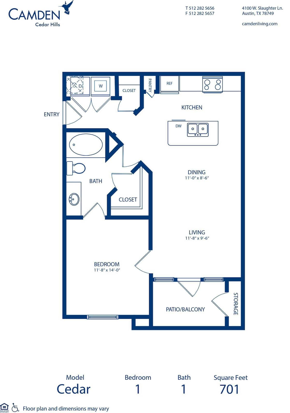 Floorplan diagram for Cedar, showing 1 bedroom