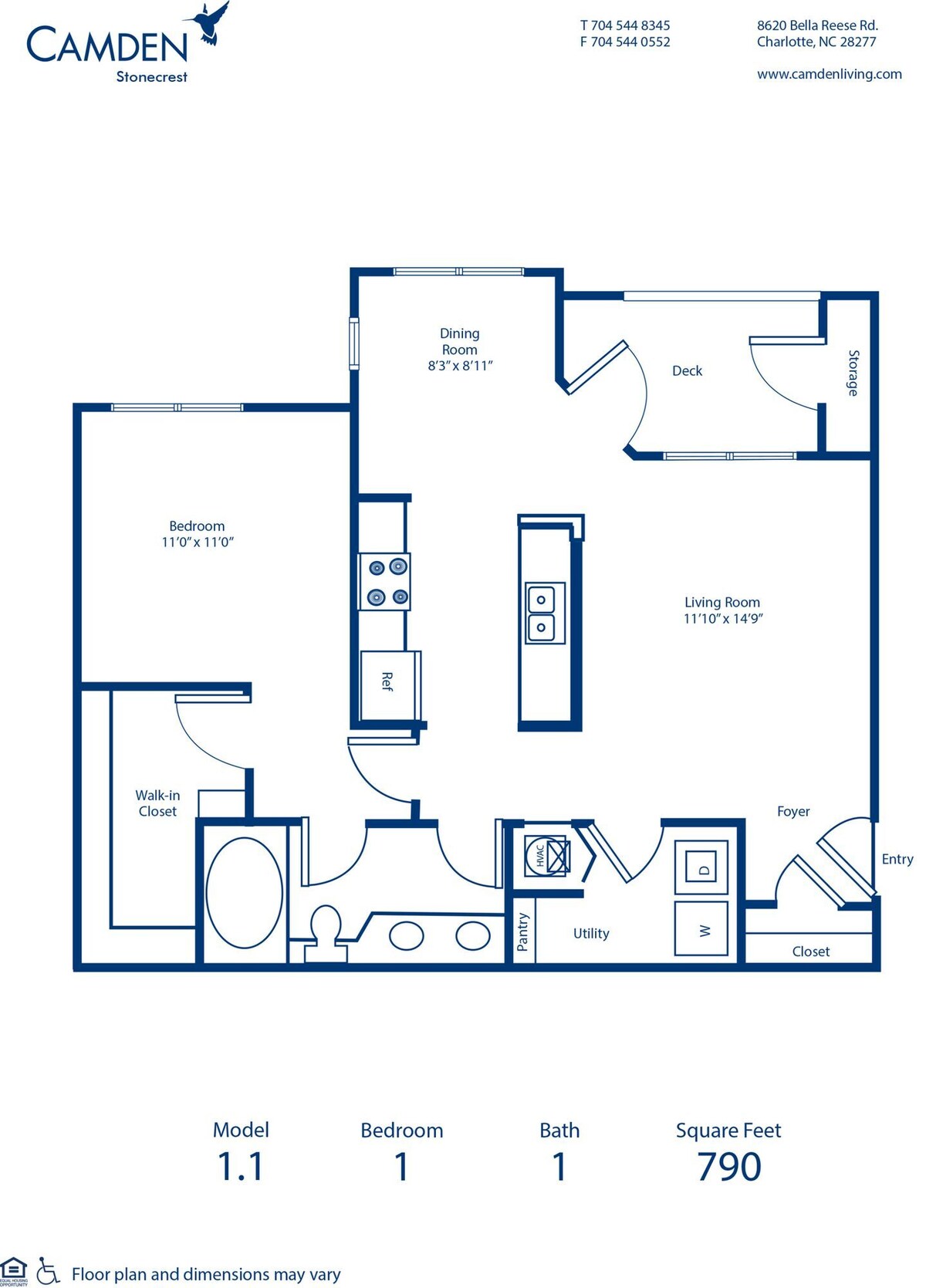 Floorplan diagram for 1.1, showing 1 bedroom