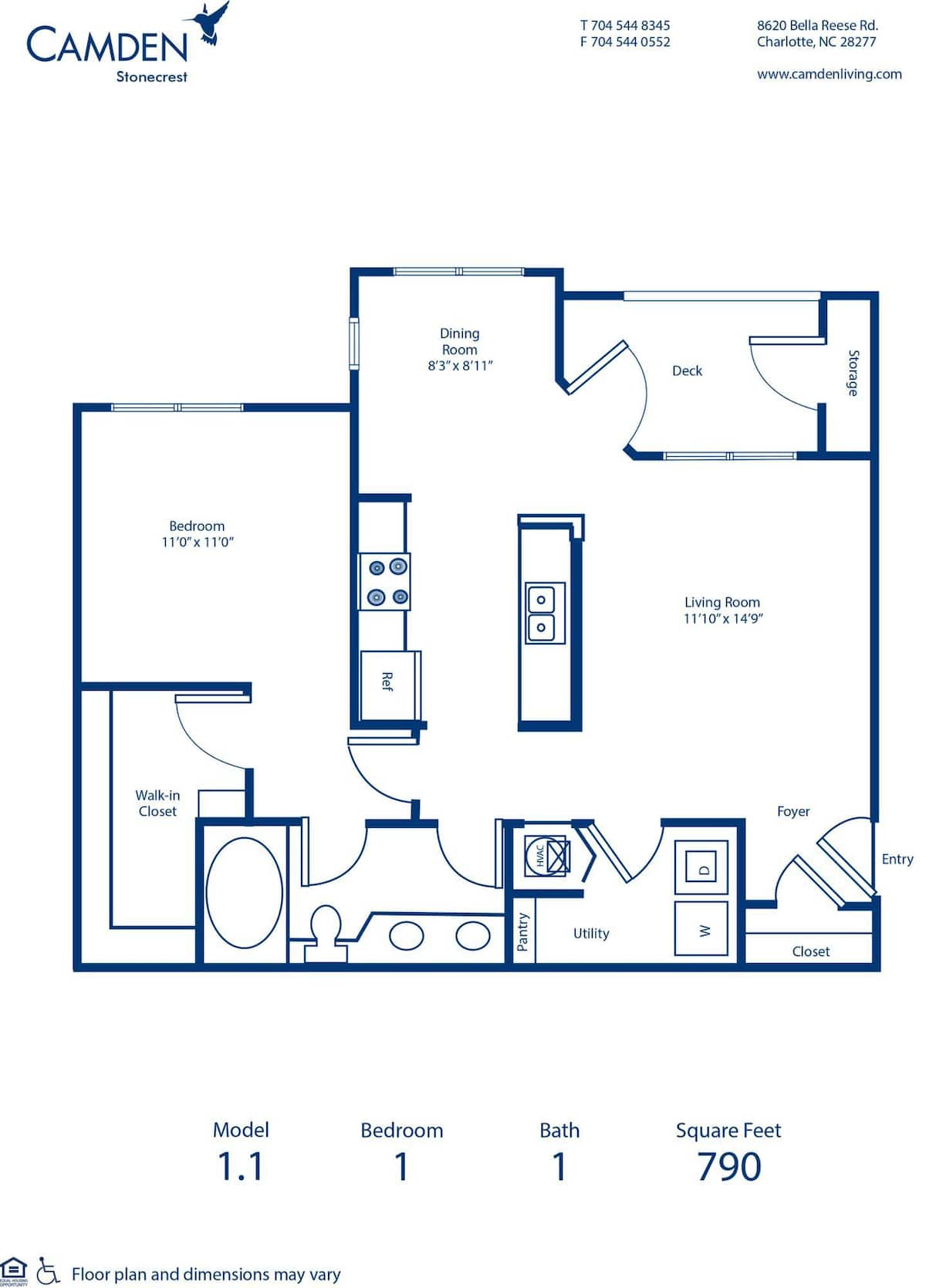 Floorplan diagram for 1.1, showing 1 bedroom