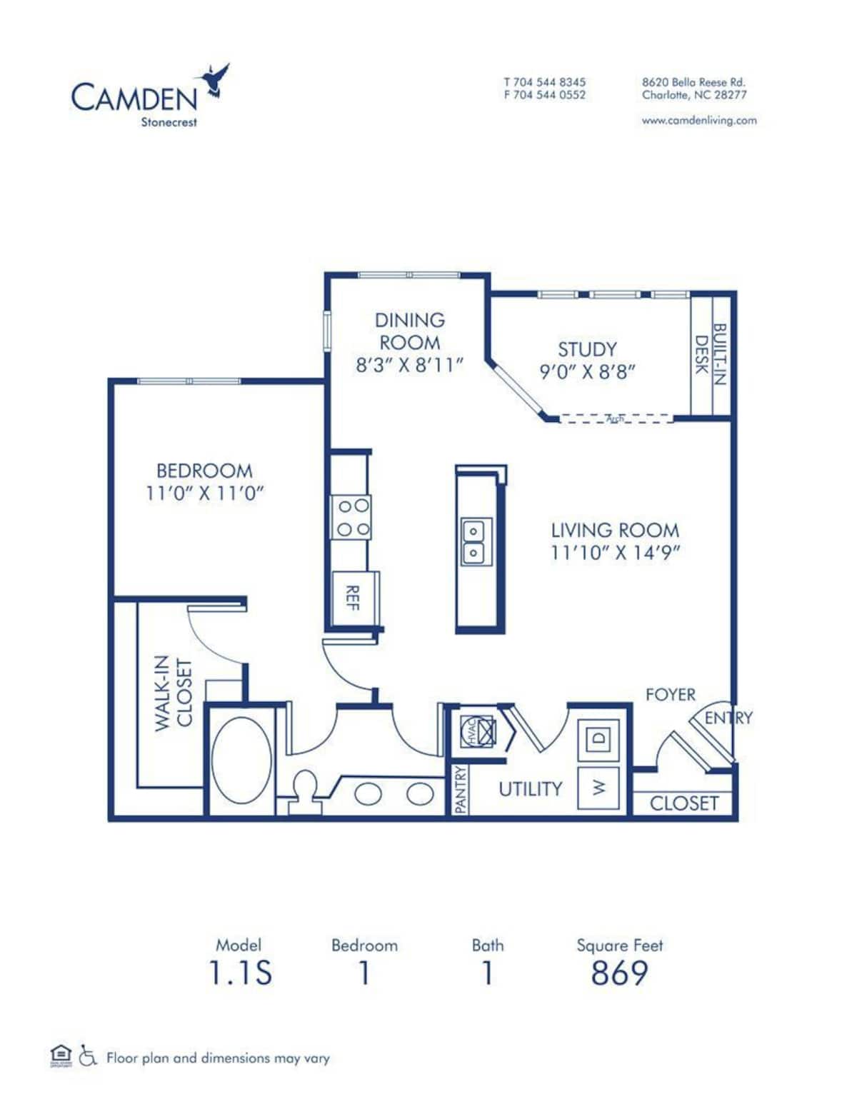 Floorplan diagram for 1.1S, showing 1 bedroom