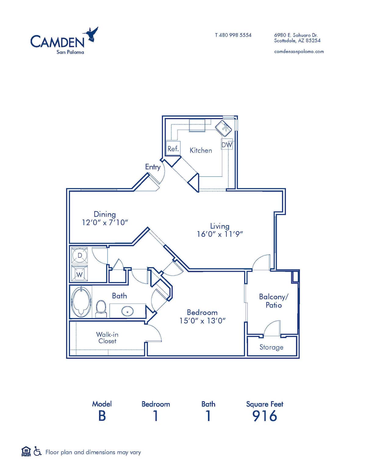 Floorplan diagram for B, showing 1 bedroom