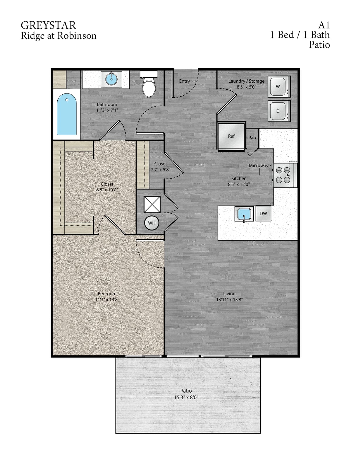 Floorplan diagram for A1, showing 1 bedroom