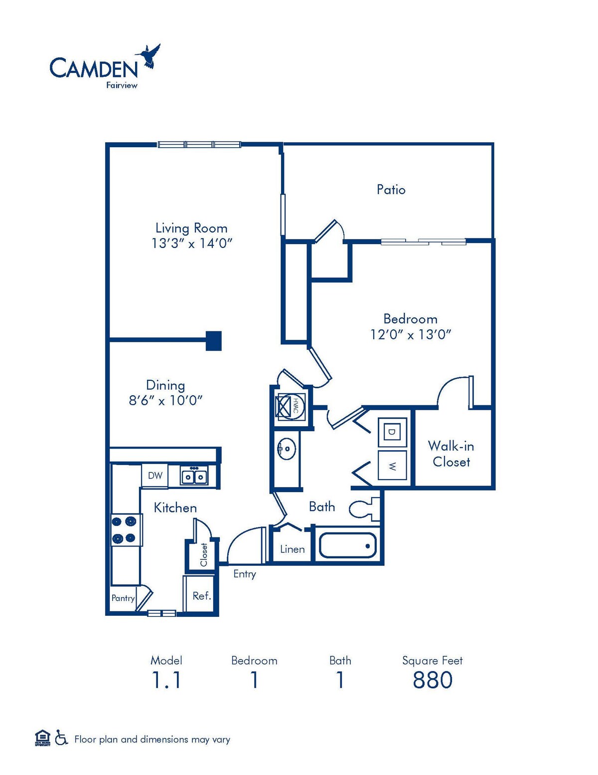 Floorplan diagram for 1.1, showing 1 bedroom