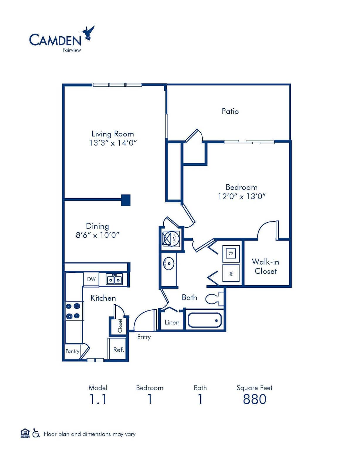 Floorplan diagram for 1.1, showing 1 bedroom