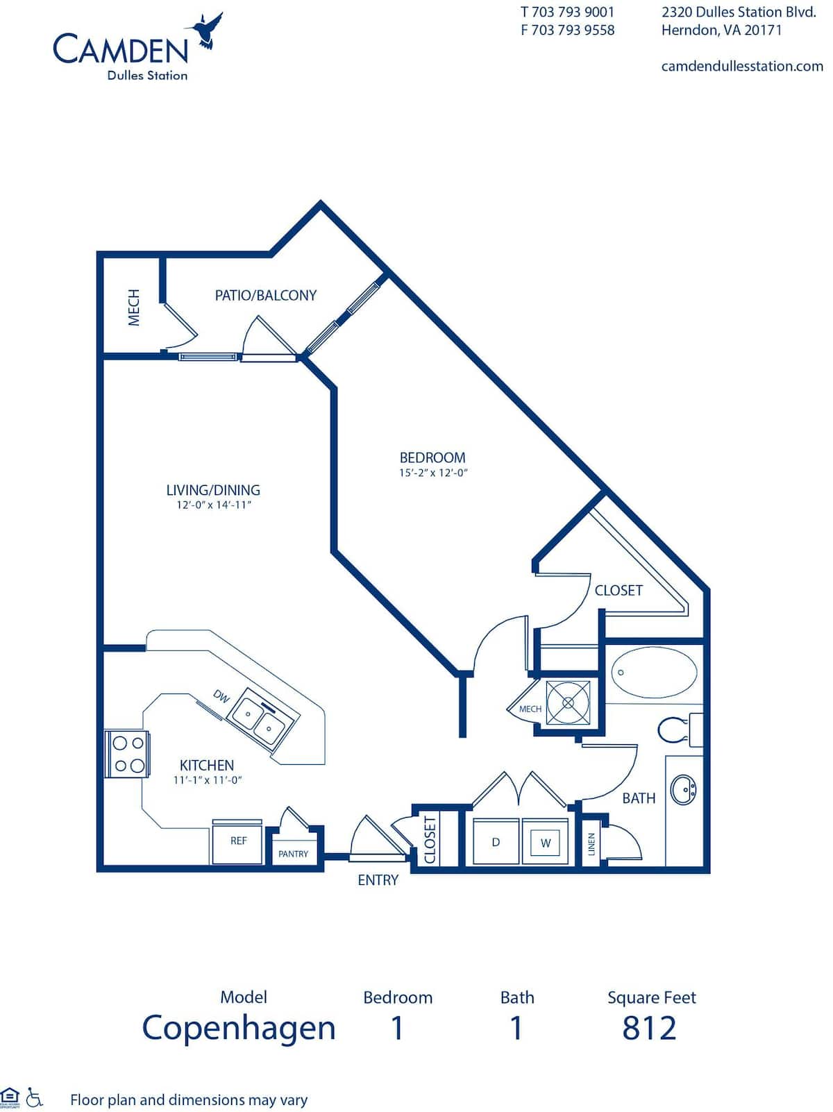 Floorplan diagram for Copenhagen, showing 1 bedroom