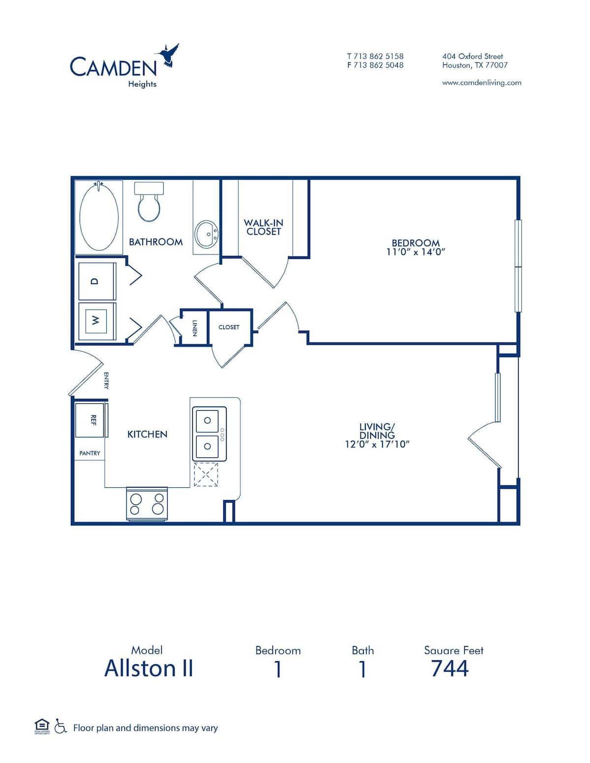 Floorplan diagram for The Allston II, showing 1 bedroom
