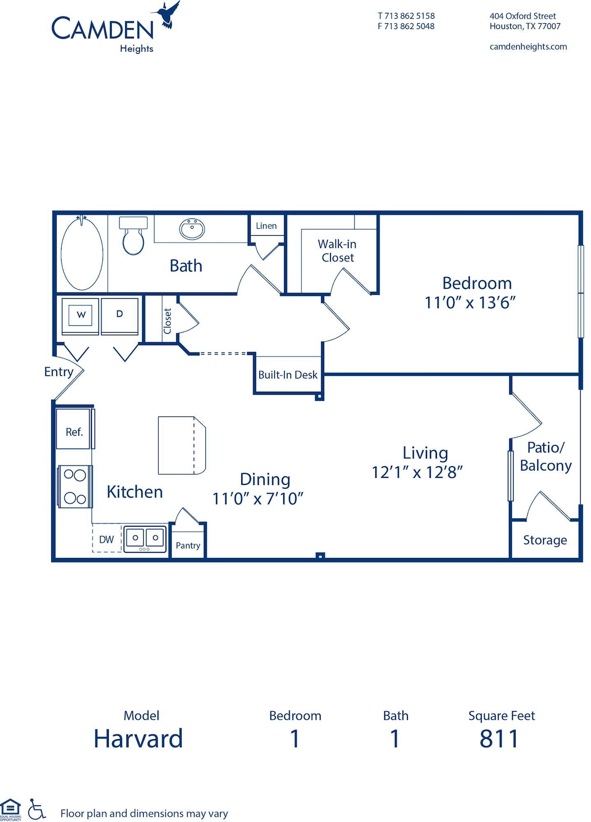 Diagram denah lantai untuk The Harvard, yang menunjukkan 1 kamar tidur
