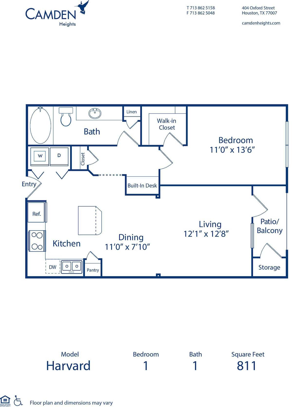Floorplan diagram for The Harvard, showing 1 bedroom