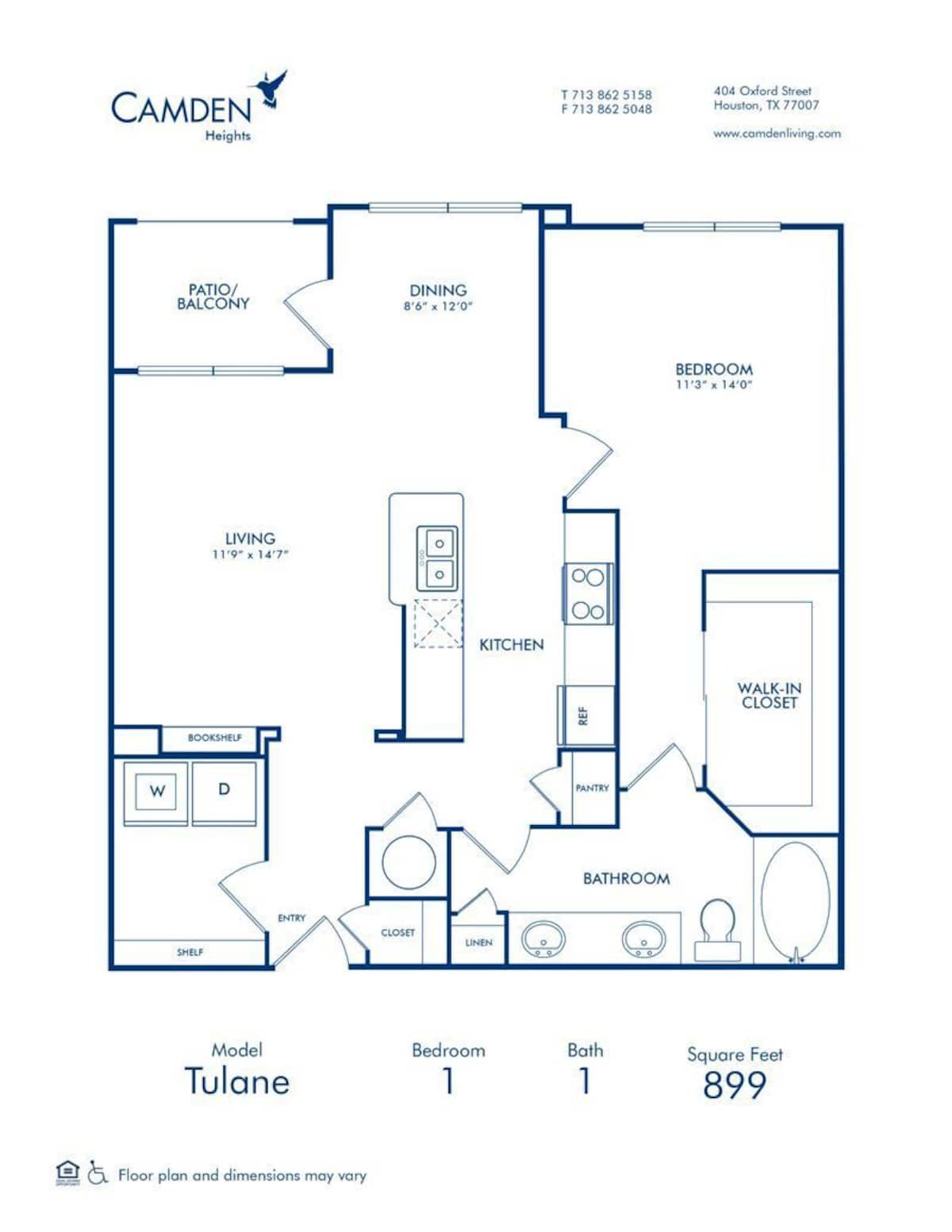Floorplan diagram for The Tulane, showing 1 bedroom