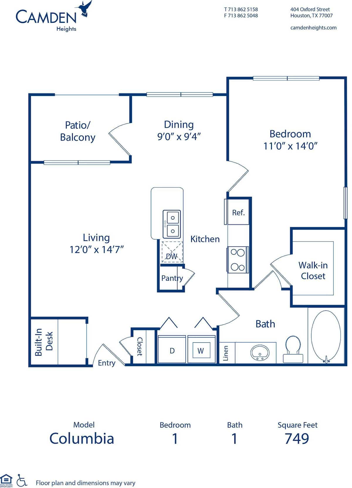 Floorplan diagram for The Columbia, showing 1 bedroom