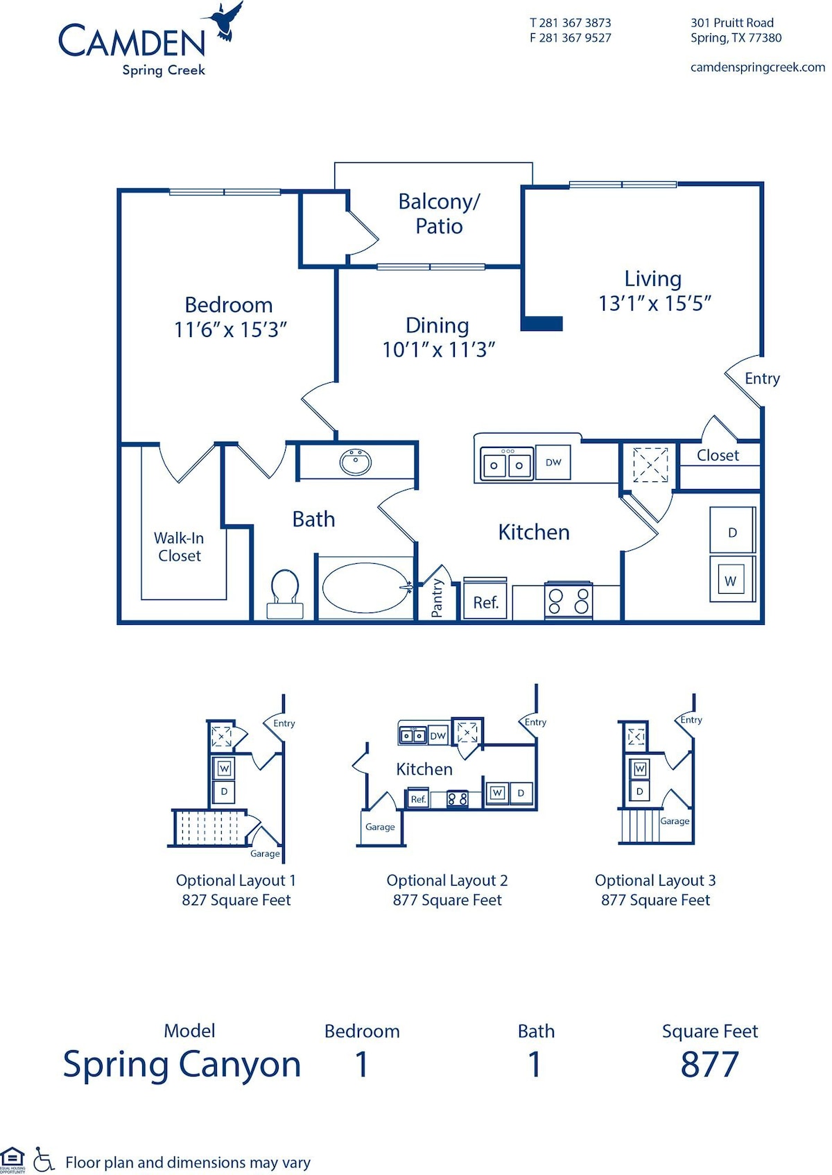 Diagram denah lantai untuk Spring Canyon 2, yang menunjukkan 1 kamar tidur