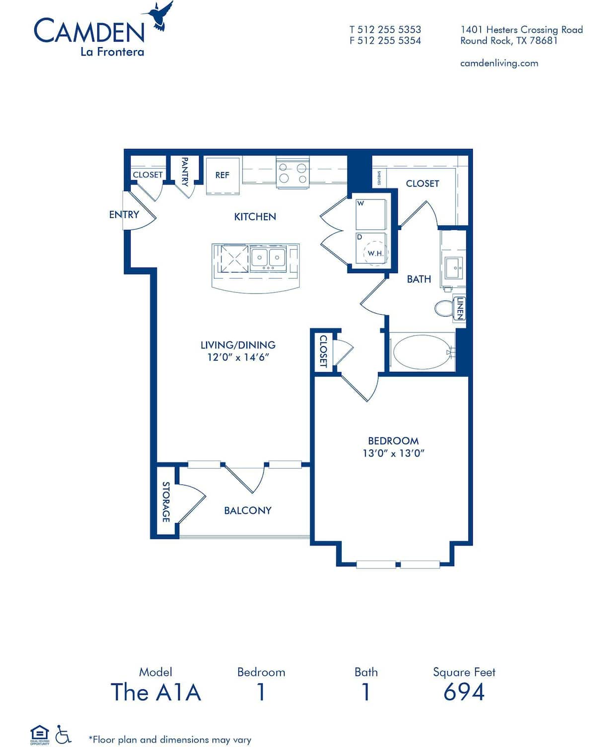 Floorplan diagram for A1A, showing 1 bedroom