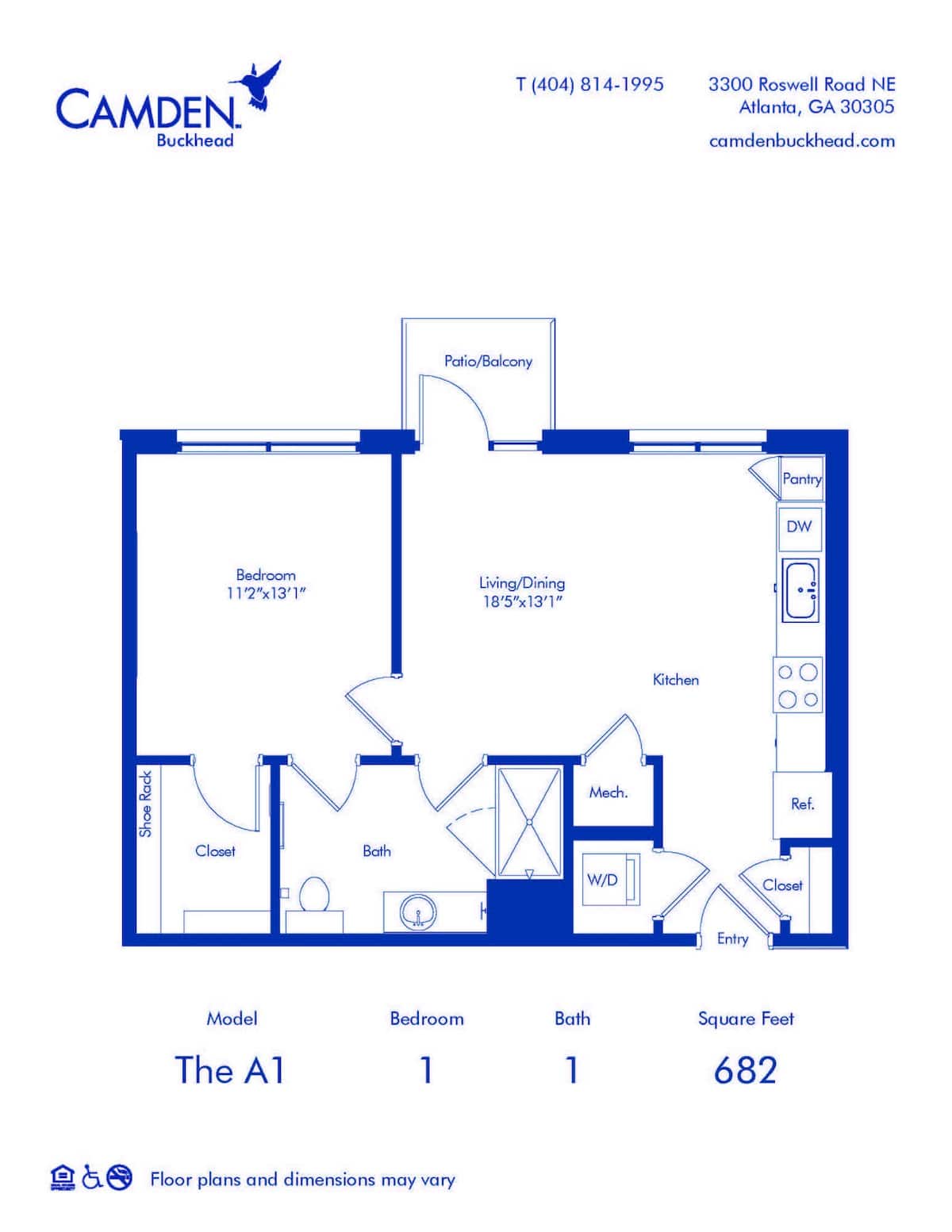 Floorplan diagram for The A1, showing 1 bedroom