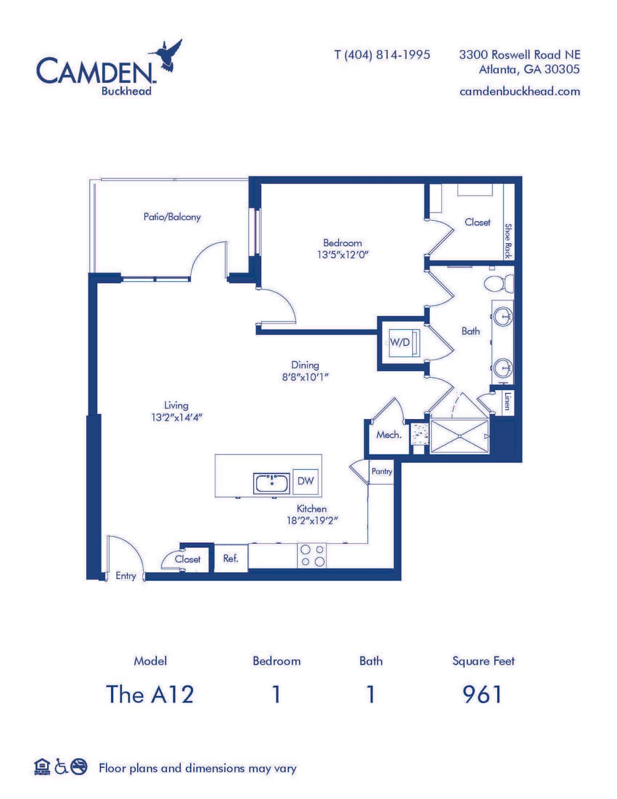 Floorplan diagram for The A12, showing 1 bedroom