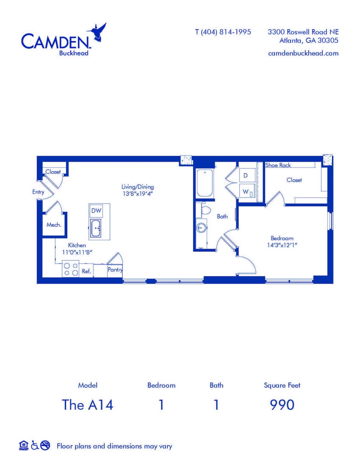 Floorplan diagram for The A14, showing 1 bedroom