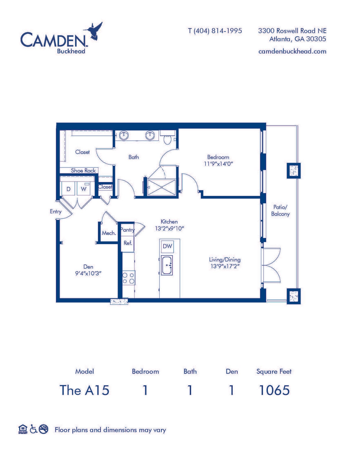 「寝室：1」であることを示す「The A15」の間取り図です。